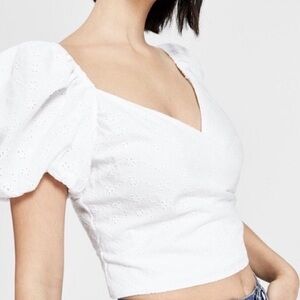 Bar III White Eyelet Puff-Sleeve Crop Top